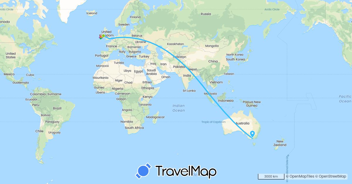 TravelMap itinerary: driving, bus, cycling, train, hiking, boat, hitchhiking, electric vehicle in Australia, United Kingdom, Ireland, Malaysia (Asia, Europe, Oceania)